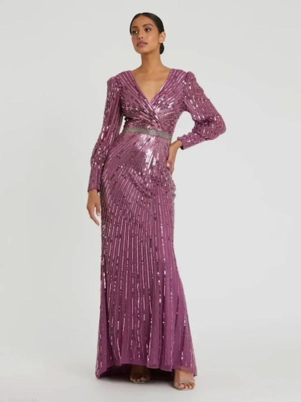 Mac Duggal Raspberry Purple Sequin Beaded Long Sleeve Sheath Gown